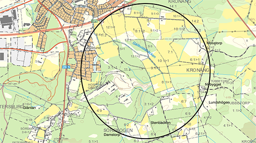 En karta som visar ett område söder om Skara med en cirkel som ringar in var provtagning planeras.