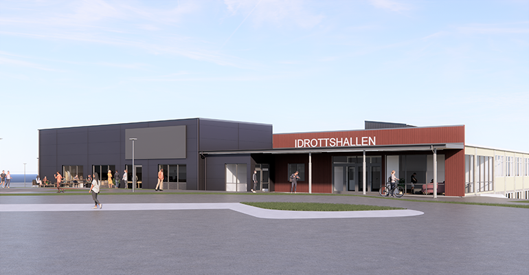 Visionsbild exteriör av eventtillbyggnad på idrottshall