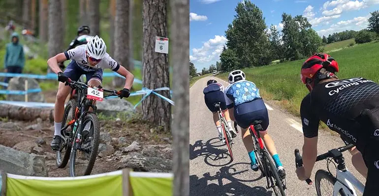 Delad bild. Till vänster tävlar en kille på mountainbike på en inhägnad bana med mycket rötter och stenar. Bilden till höger ser man ryggar på tre cyklister som cyklar efter varandra på en asfaltsväg. Bredvid vägen grönskar hagar och träd, blå himmel.