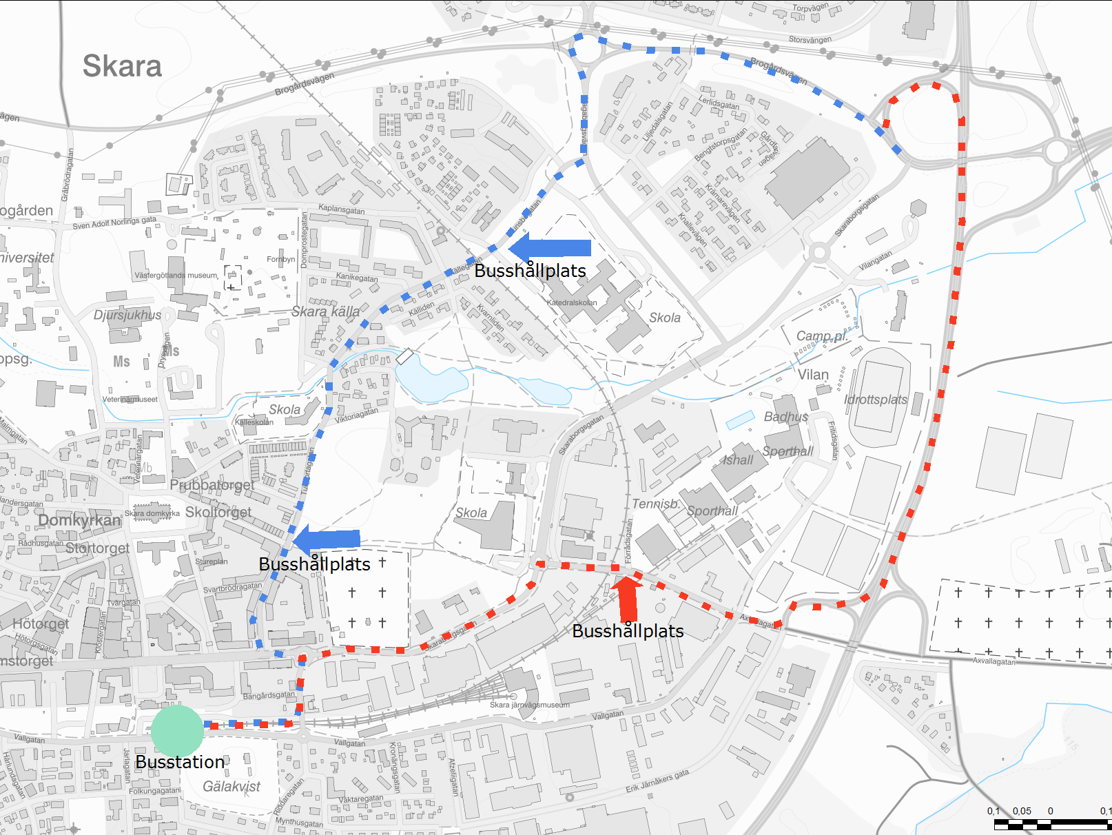 Karta som visar hur bussarna kommer att köra under vecka 18. Blå och röd markering.