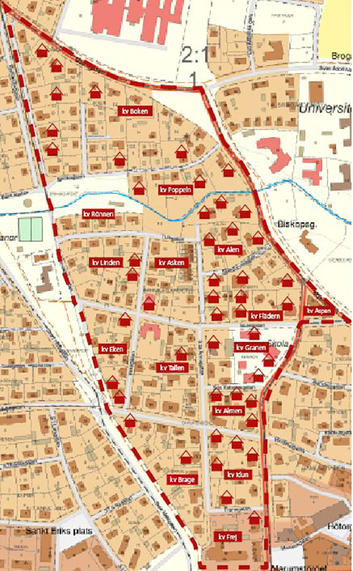 Karta över stadsdelen Brinkagärdet. Byggnader som är särskilt värda att bevara är markerade med en hussymbol.