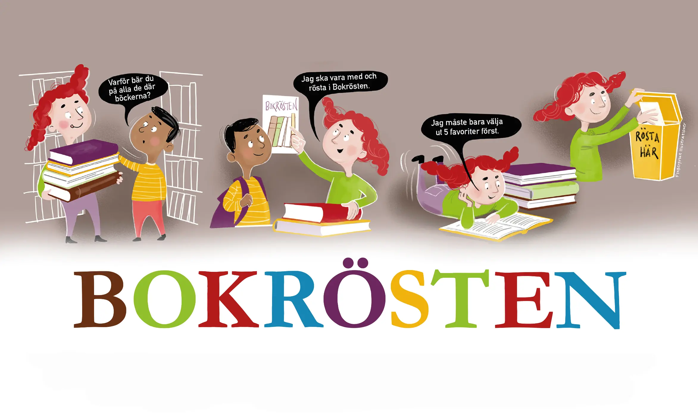 serietrip med två karaktärer på barn som berättar om Bokrösten. Ordet Bokrösten står i text.