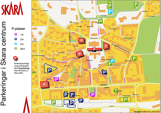 Karta över parkeringsytor i Skara och vilka tider som gäller