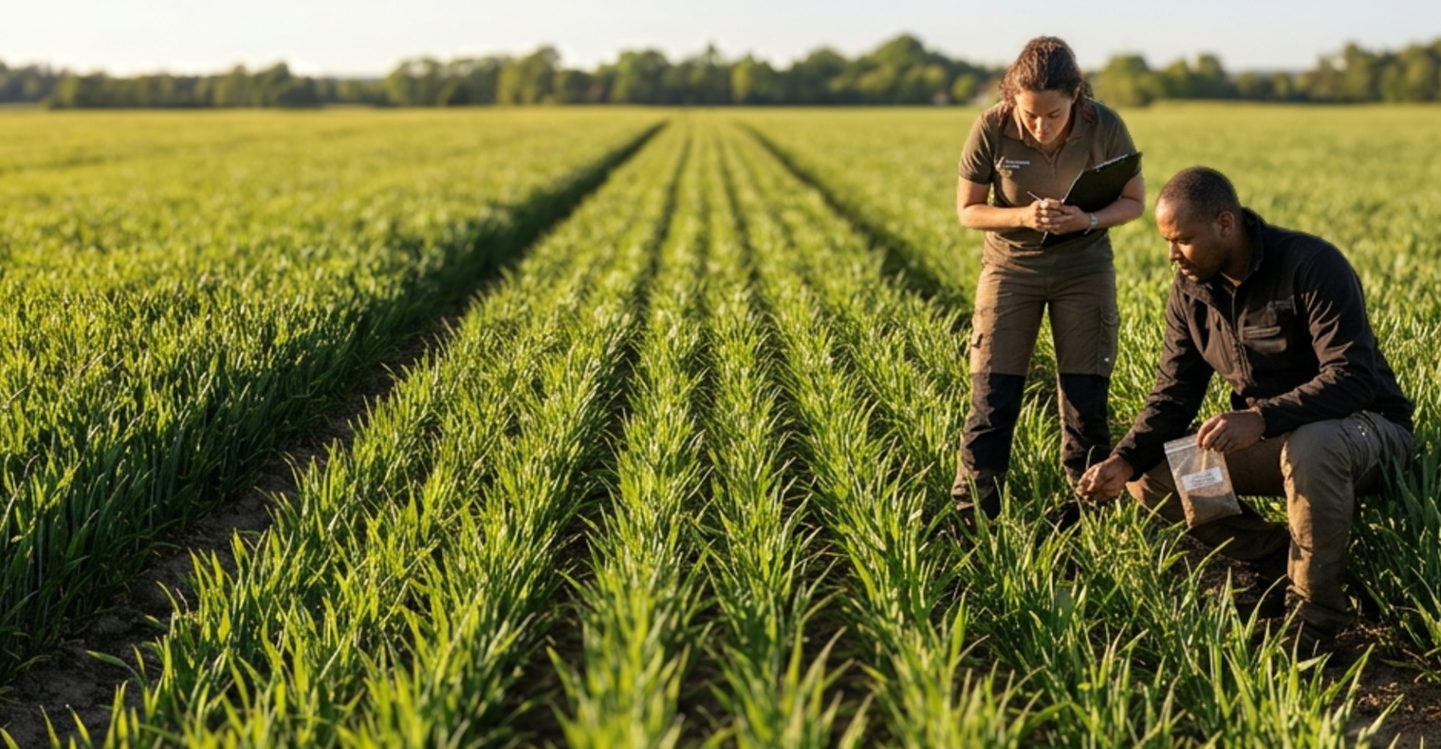 Två personer kollar av den gröna åkermarken.