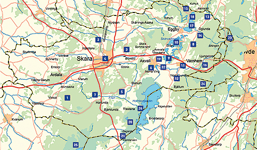 Karta över smultronställen. Varje plats beskrivs i texten på sidan. Siffran inom parentes refererar till platsen på kartan.