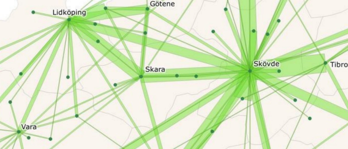 Kartbild över pendlingsrörelser
till och från orter i Skaraborg Pendling >40 personer, från 2020 baserat på
SCB-data. Pendlingsstatistiken ger information om var den förvärvsarbetande
befolkningen bor och arbetar. Observera att de som enligt illustrationen pendlar
mellan till exempel Skövde och Lidköping också passerar Skara, och alltså inte
kan förväntas använda en annan nordligare förbindelse.