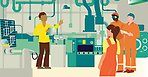 Illustration. En person i gul tröja och bruna byxor berättar något för tre personer i arbetskläder. De är i en fabriksmiljö.