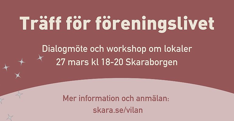 En rosa bakgrund med texten "Träff för föreningslivet" och information om datum och plats. All information finns som text på sidan.